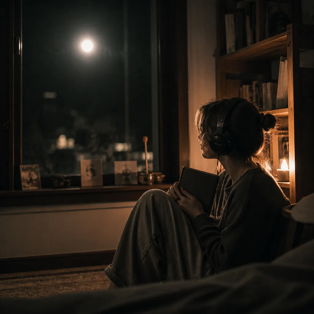 Person listening to future-self audio by moonlit window