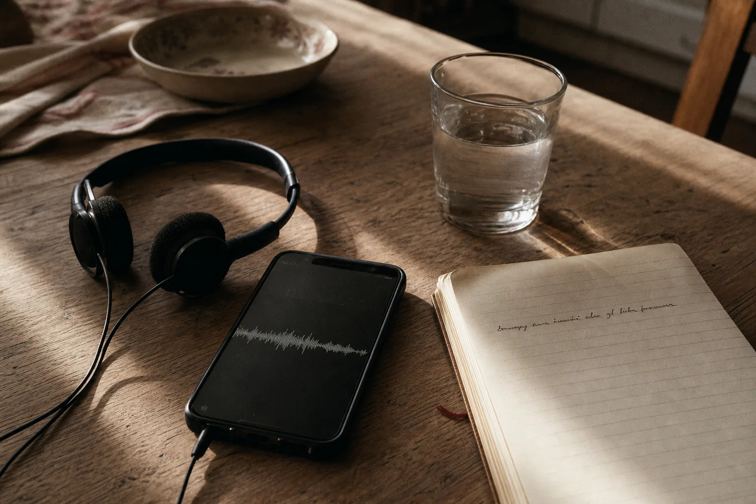 Quiet morning desk with headphones and soft light