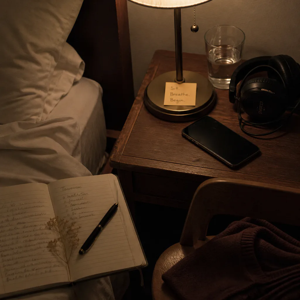 Night-before setup with headphones and water