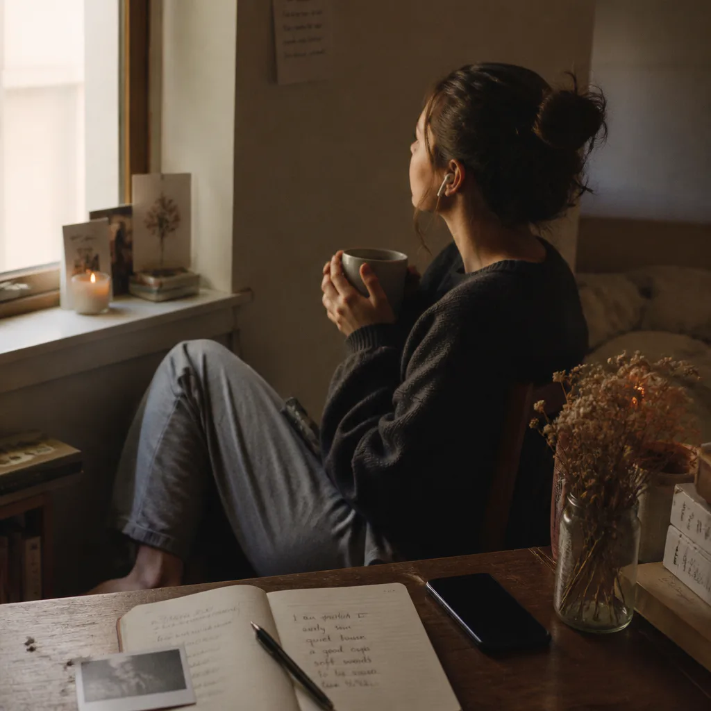 Person listening quietly beside a morning window