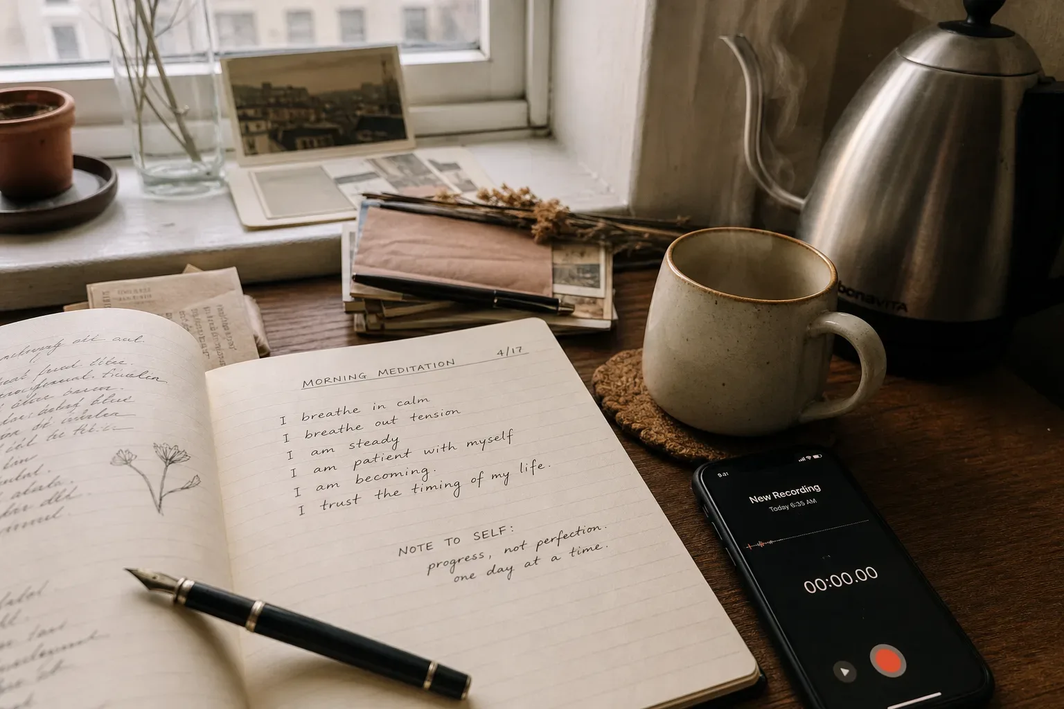 Notebook, phone, and tea beside a morning window