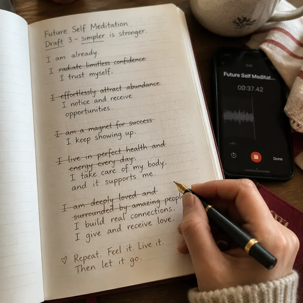 Hand edits script beside phone voice memo