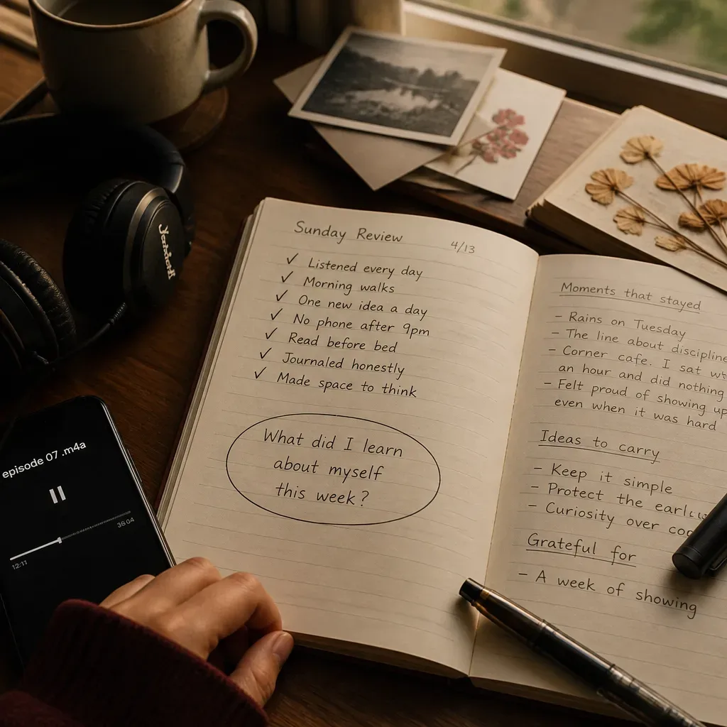 Notebook review with headphones and seven marks
