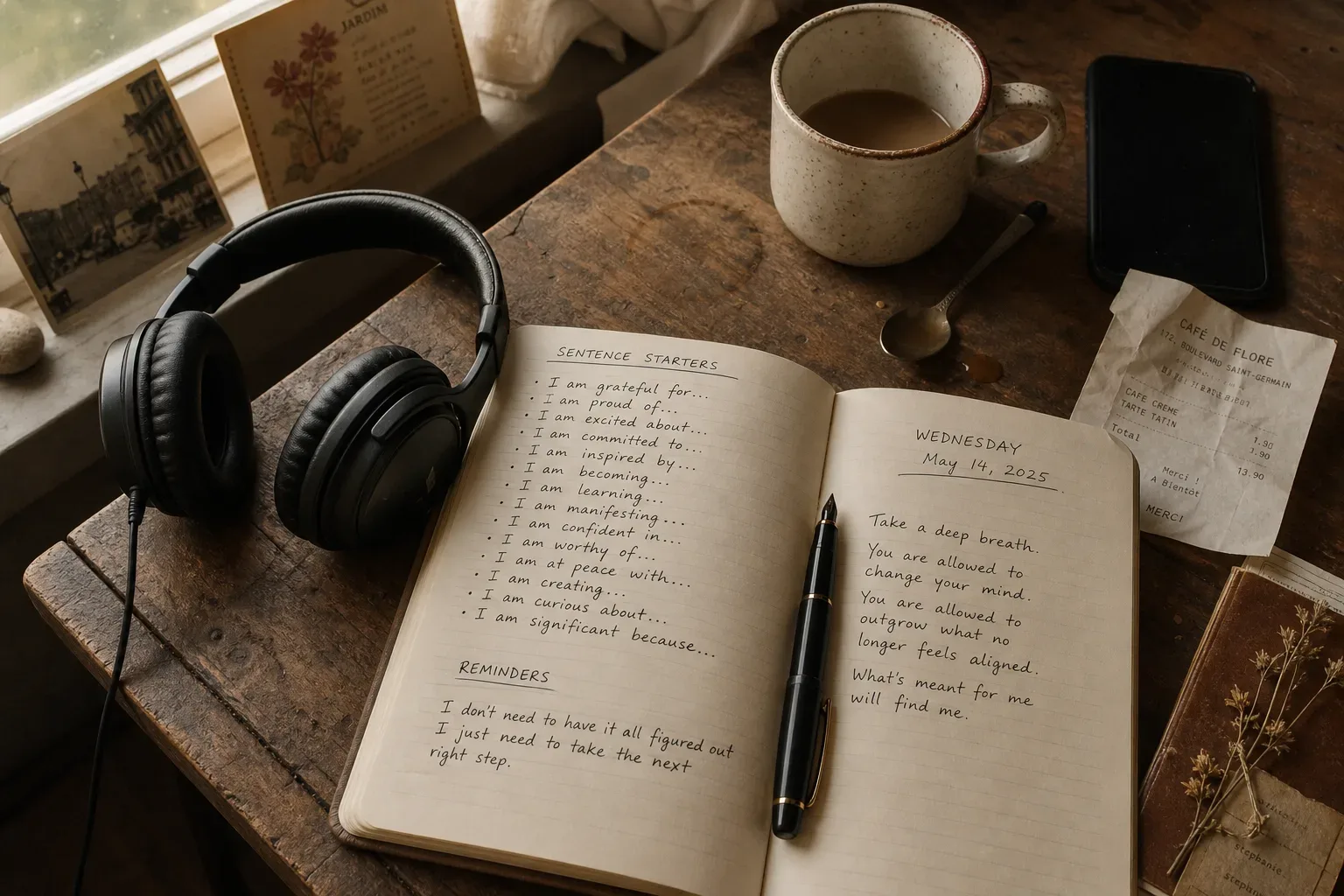 Notizbuch und Kopfhörer neben Morgenkaffee