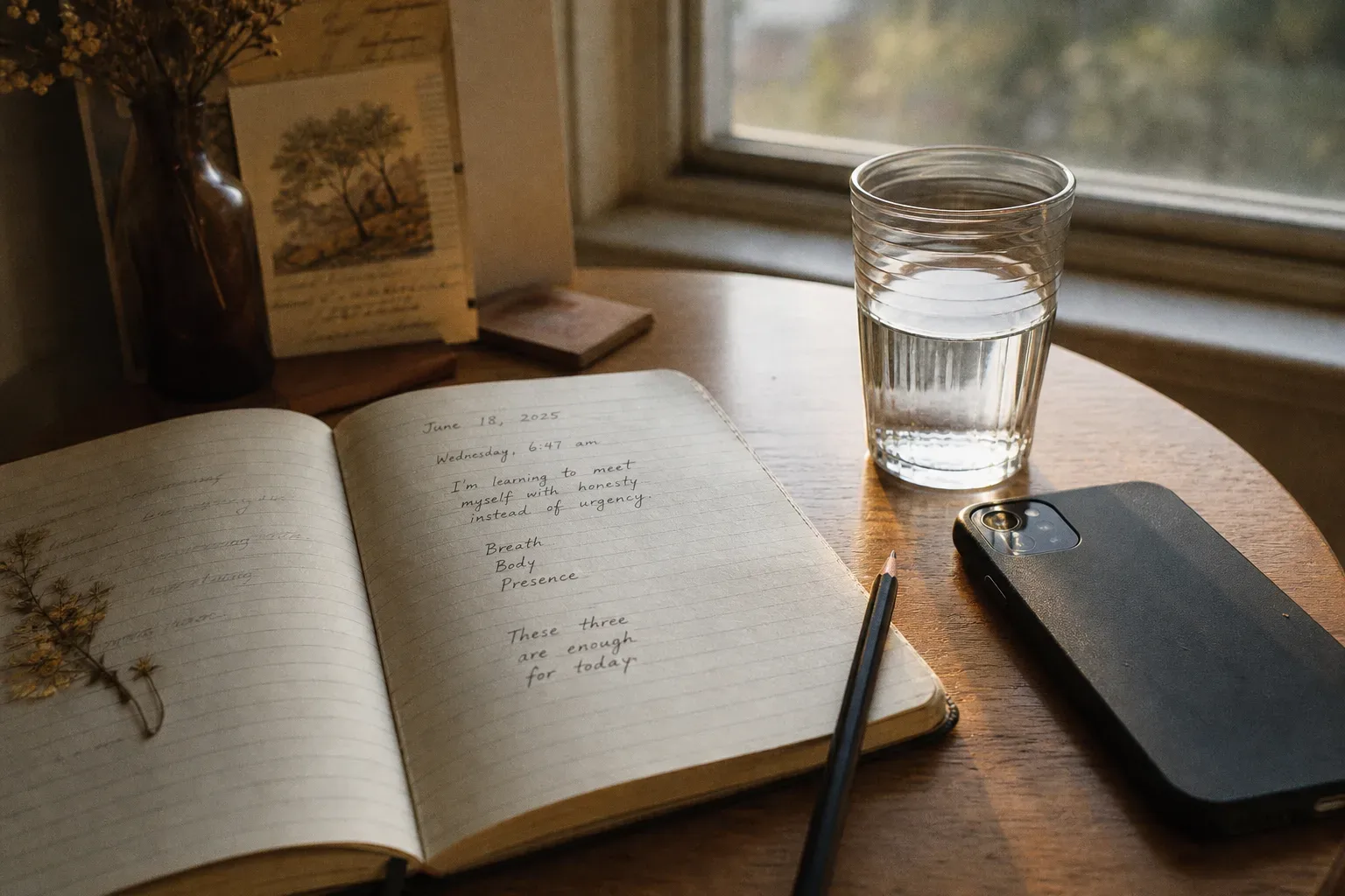 Phone and notebook beside a quiet morning window