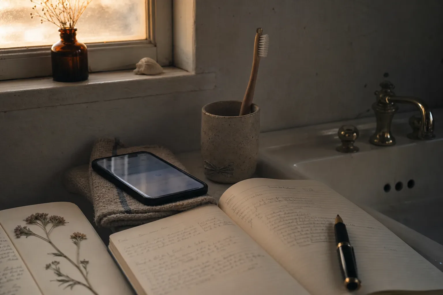 Phone beside a sink before morning light