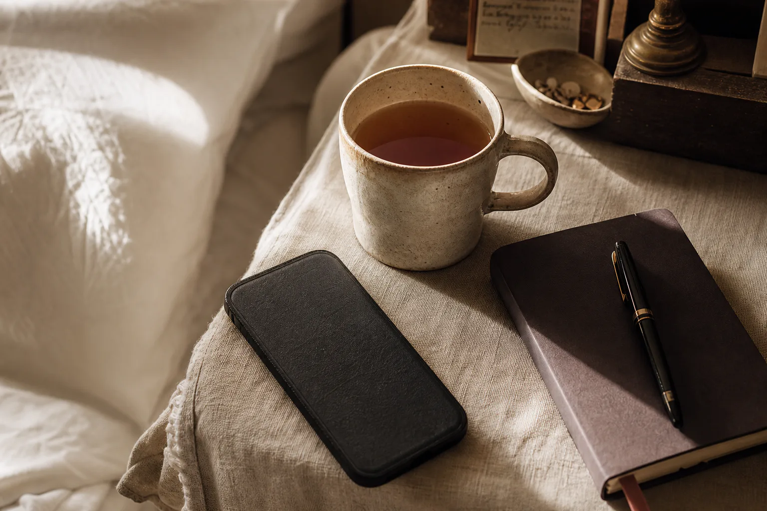 Phone beside tea and a quiet morning notebook