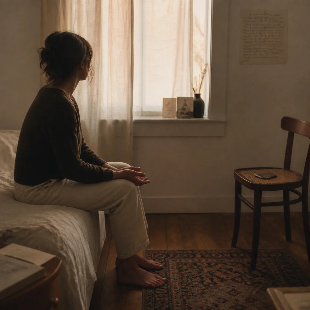 Person sitting calmly with phone across the room