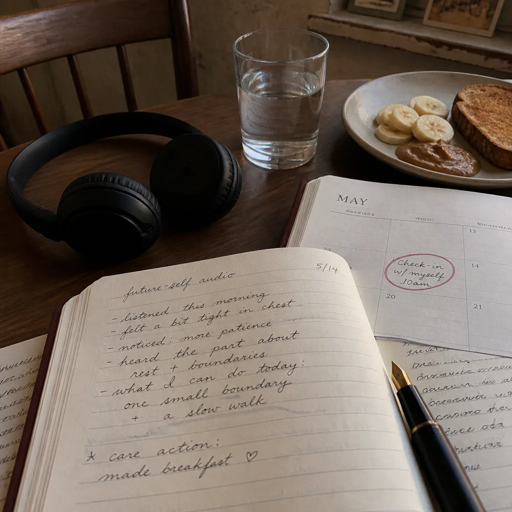 Headphones beside water and a marked calendar