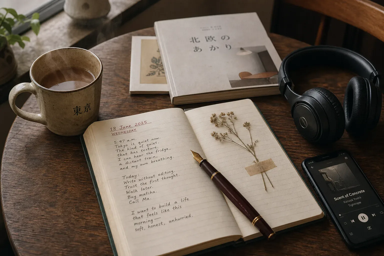 Headphones beside a journal and morning tea