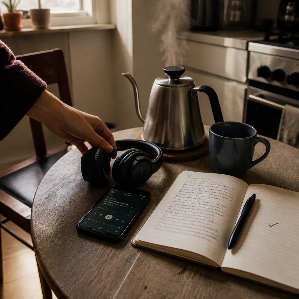 Headphones placed beside kettle and morning notebook