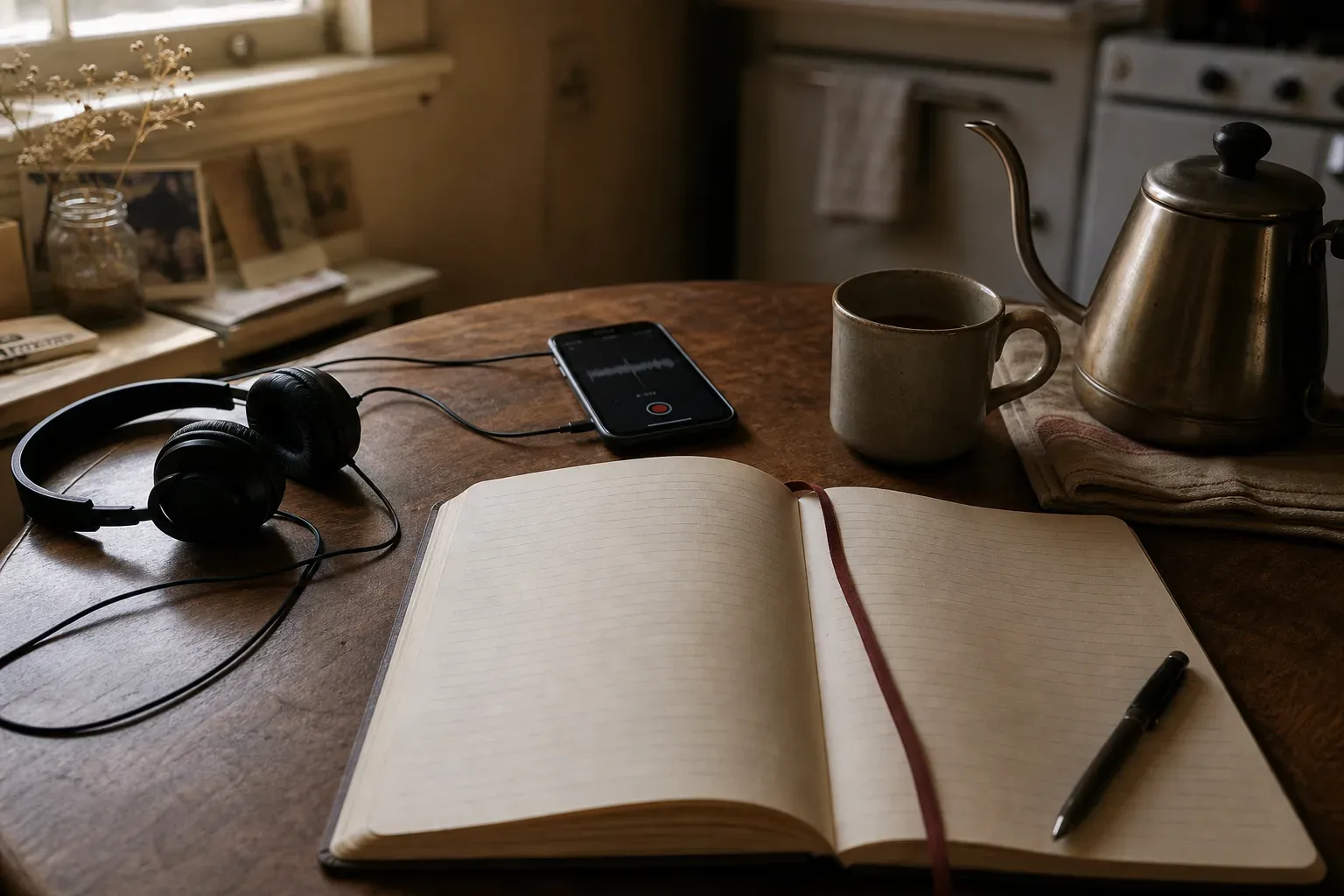 Notizbuch und Handy neben einer morgendlichen Tasse