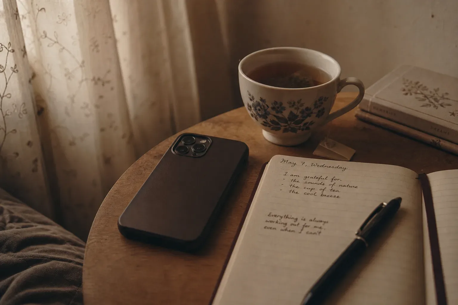 Phone beside tea with soft morning light