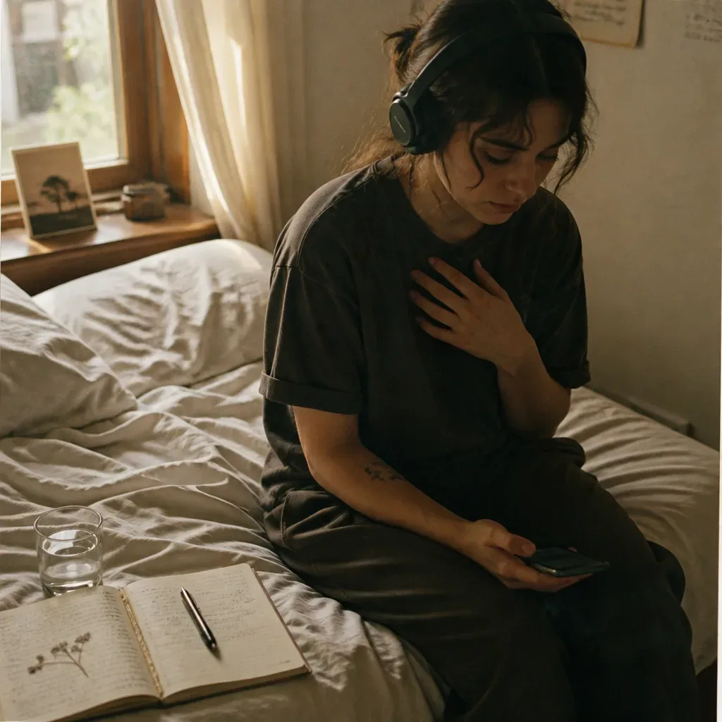 Person listening to affirmations on the bed