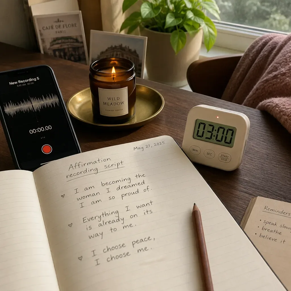 Desk with phone recording an affirmation script