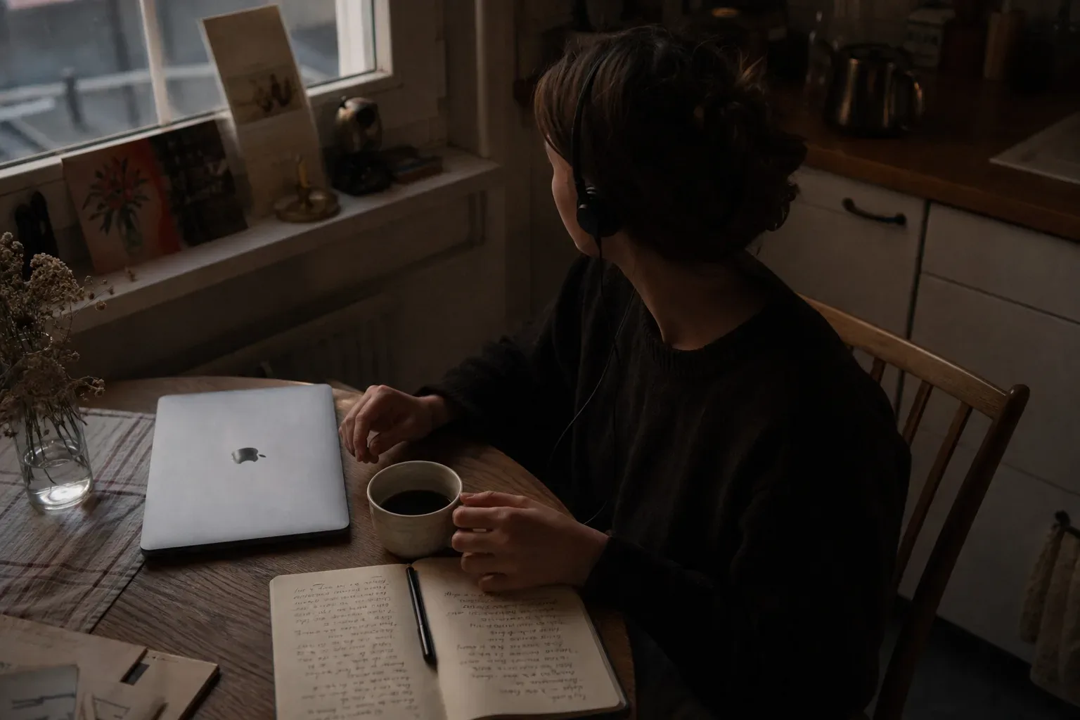 Person listening quietly beside a notebook at dawn