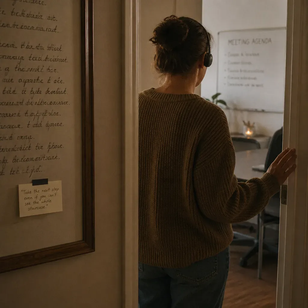 Person pausing with headphones before entering a room
