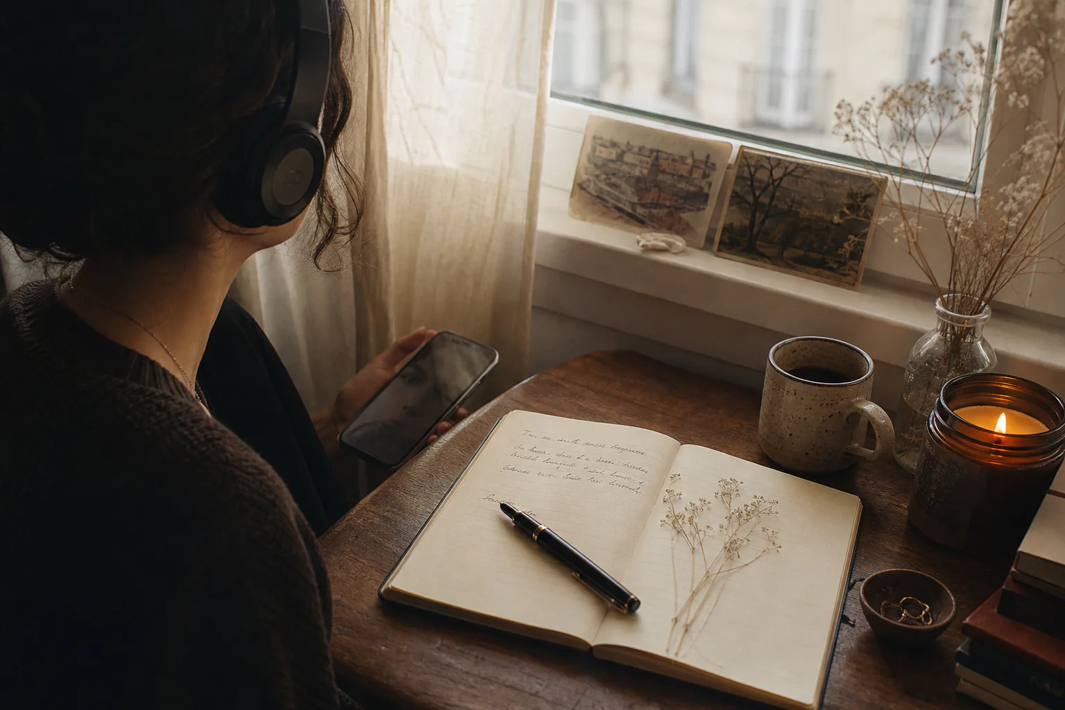 Person listening quietly beside a morning window