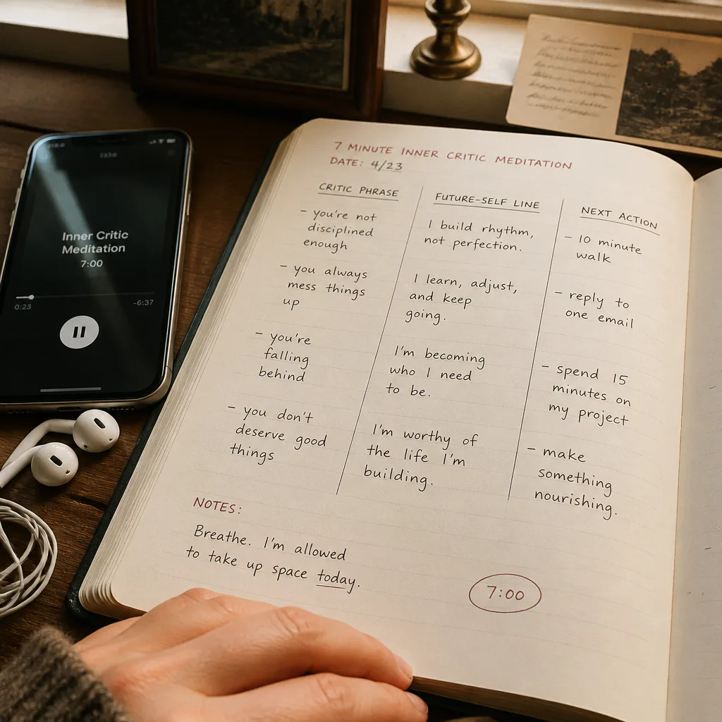 Journal beside phone for inner critic meditation