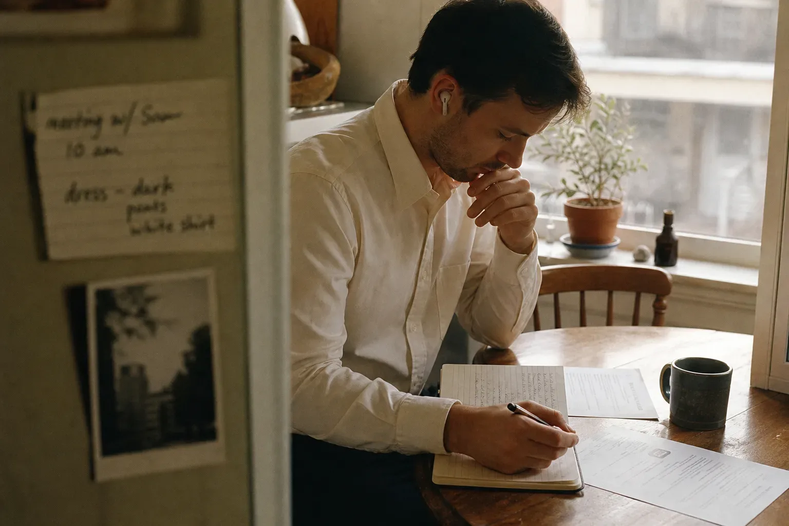 Person listening to audio before a job interview