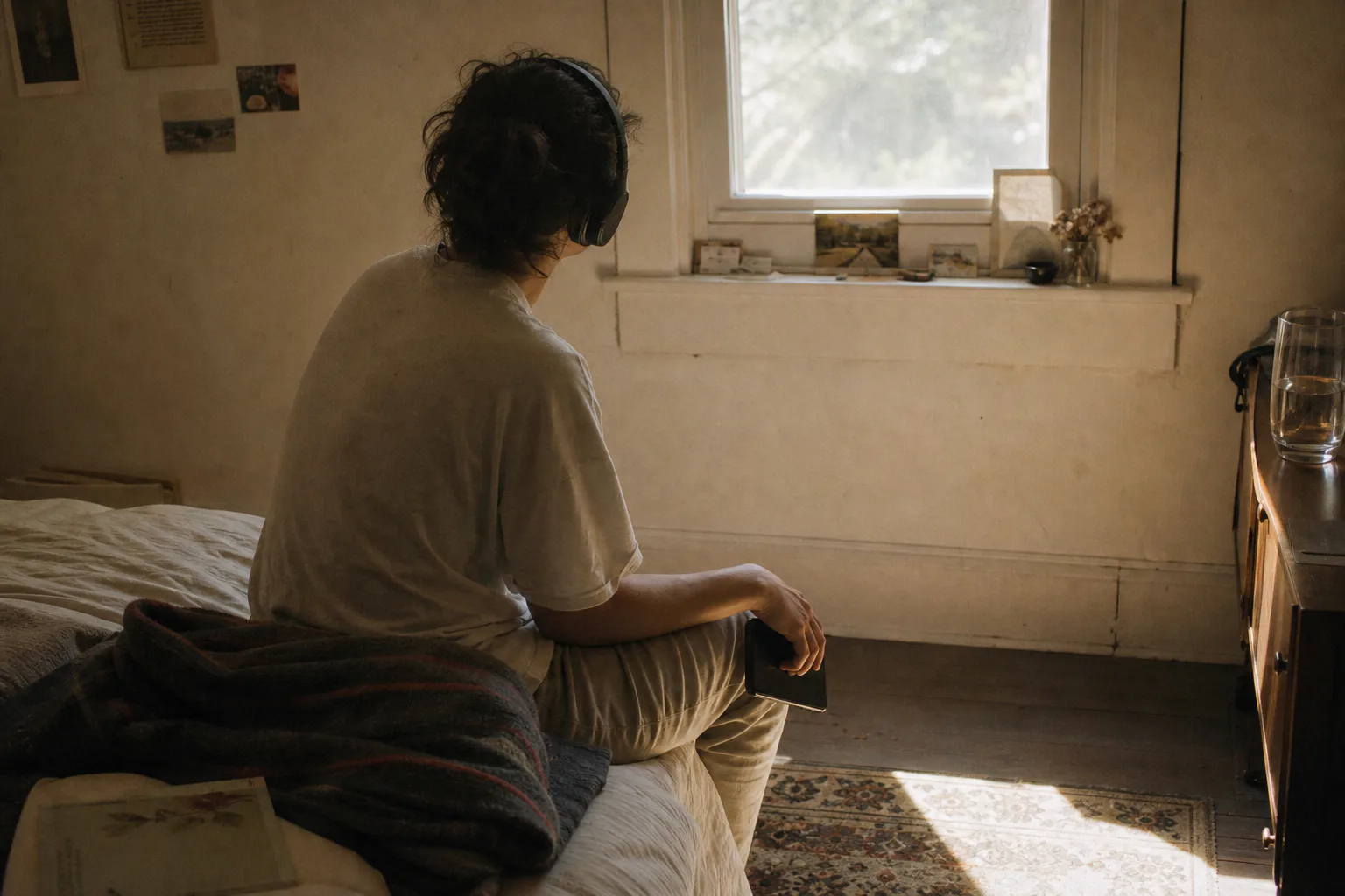 Person listening to future-self audio by a window