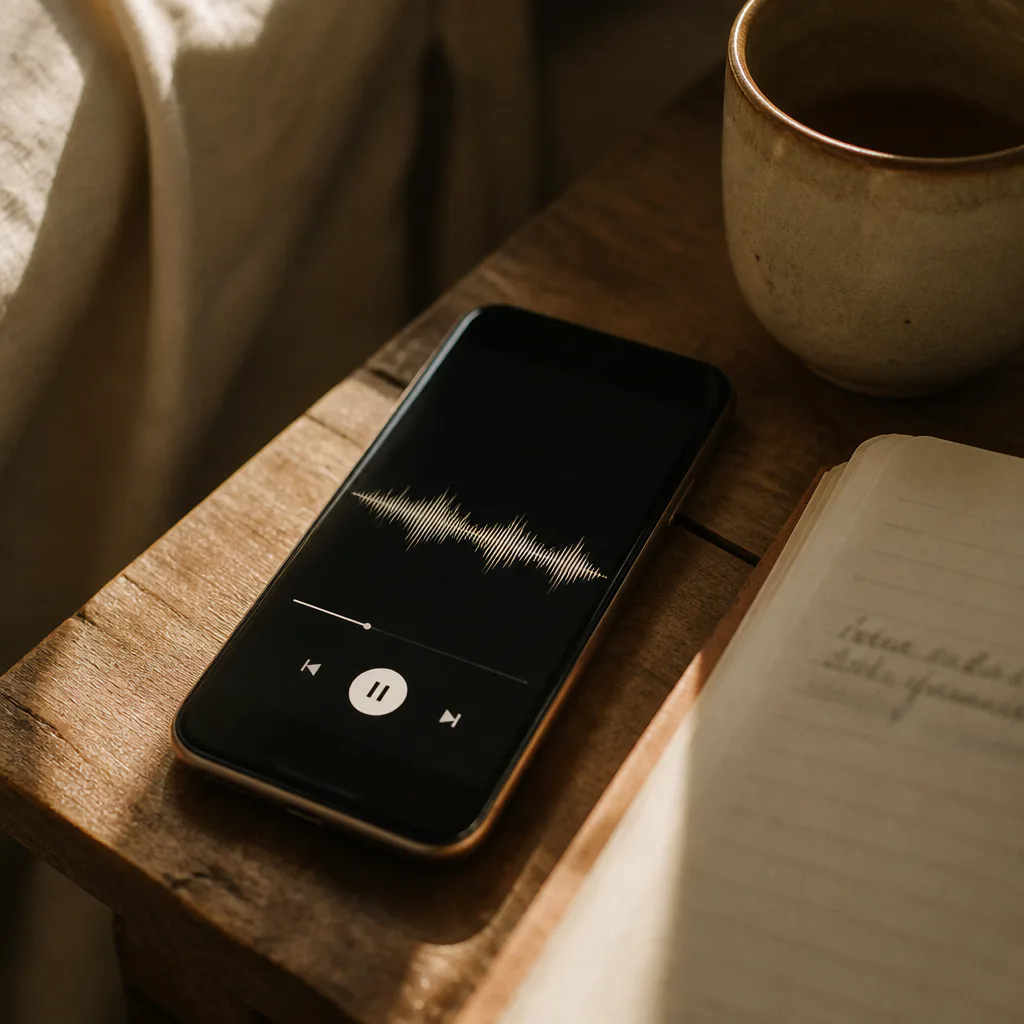 Phone playing future-self audio beside morning tea