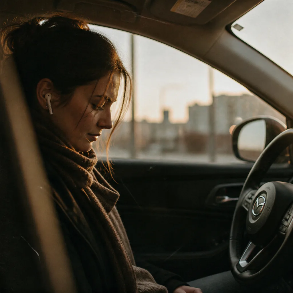 Person listening quietly in a parked car