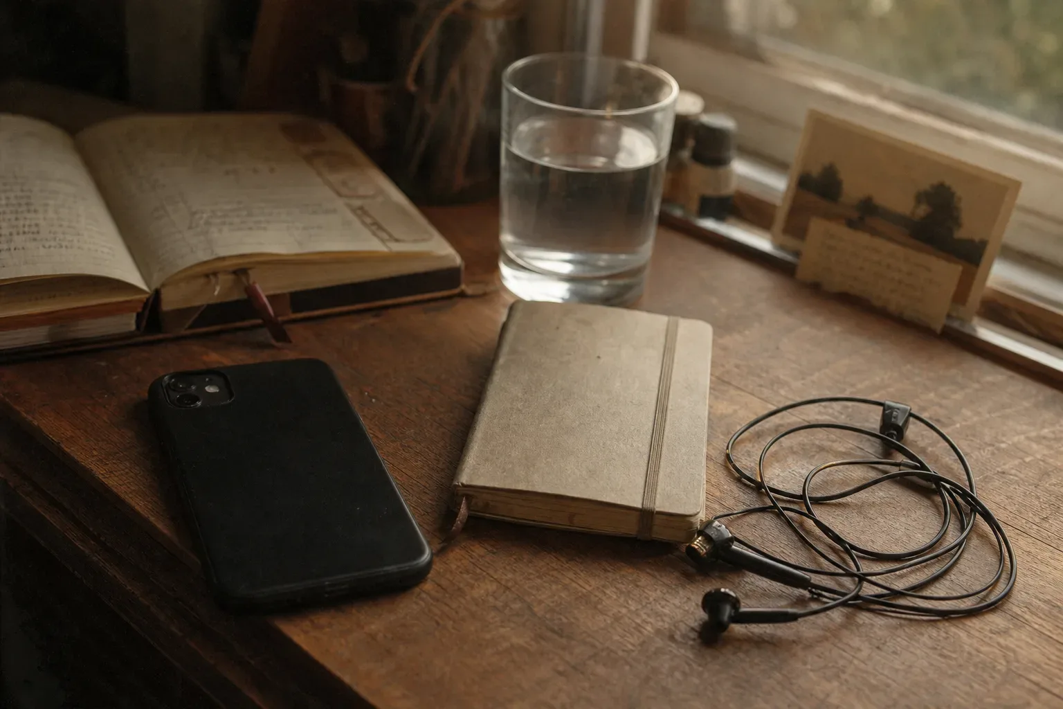Phone beside notebook in soft morning light