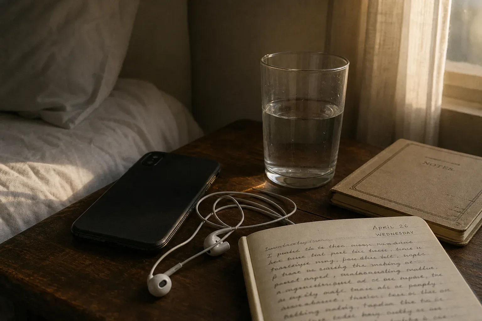 Phone face down beside earbuds at dawn