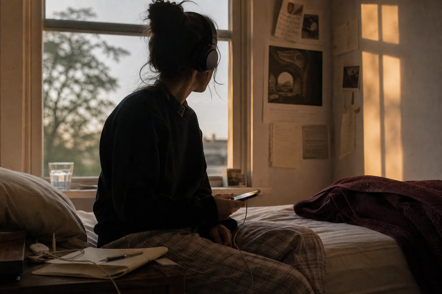 Person listening quietly beside a dawn window