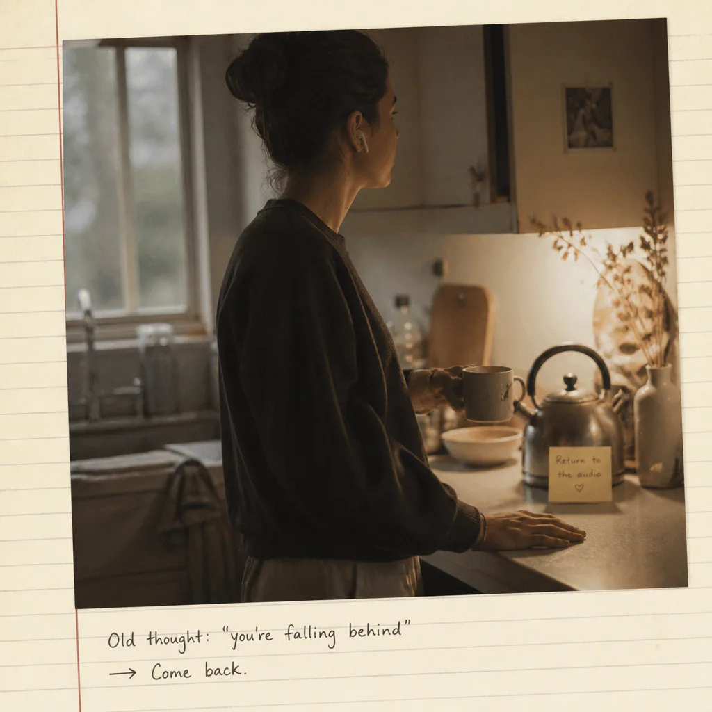 Person listening beside a quiet kitchen counter