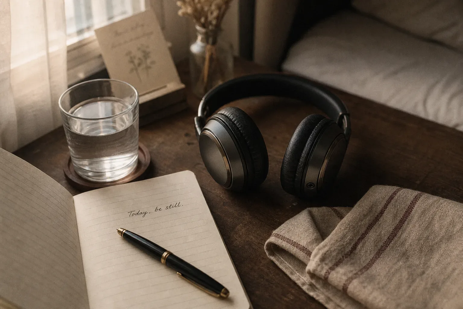 Morning light on headphones and a small journal