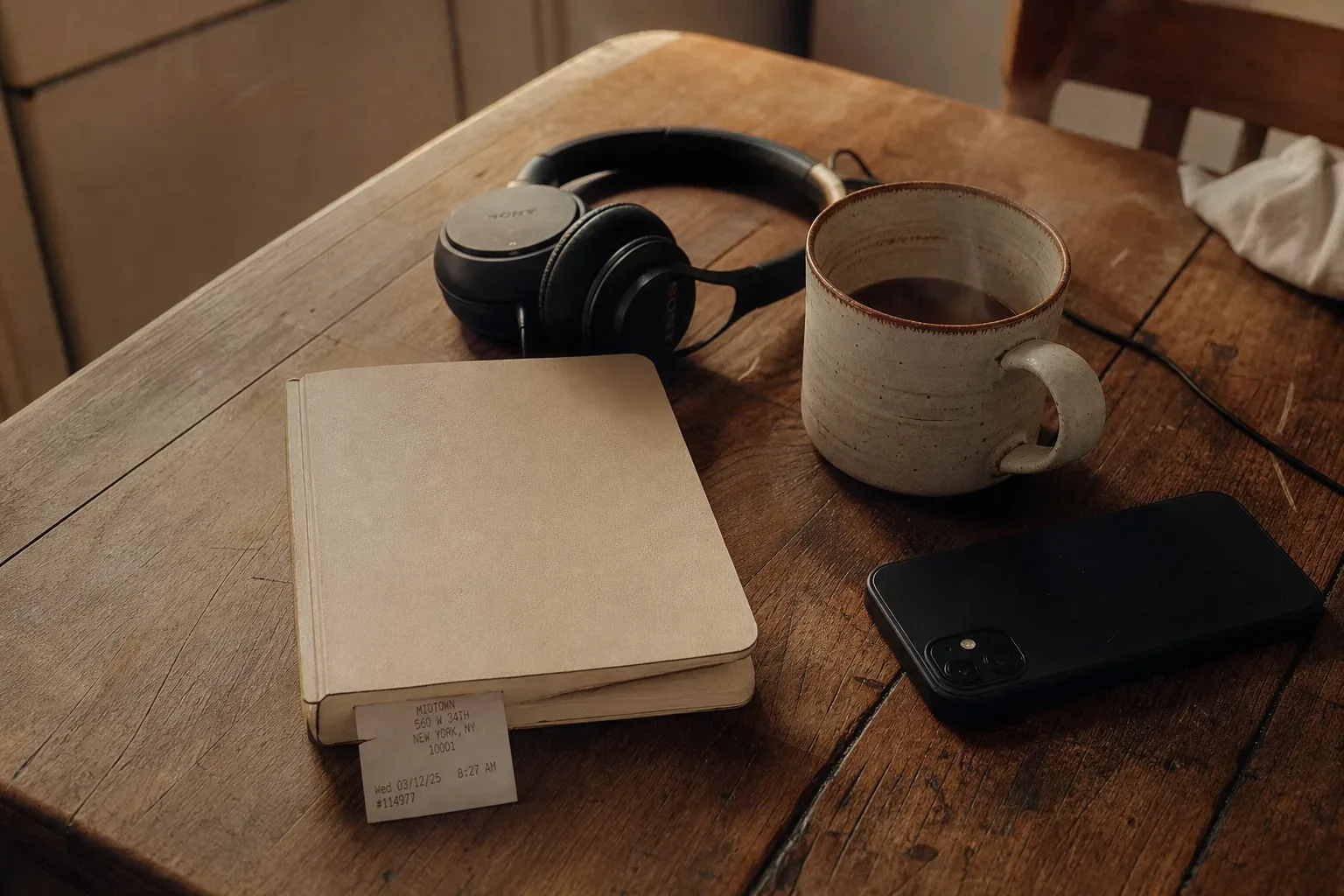 Buku catatan tertutup di samping headphone dan kopi pagi