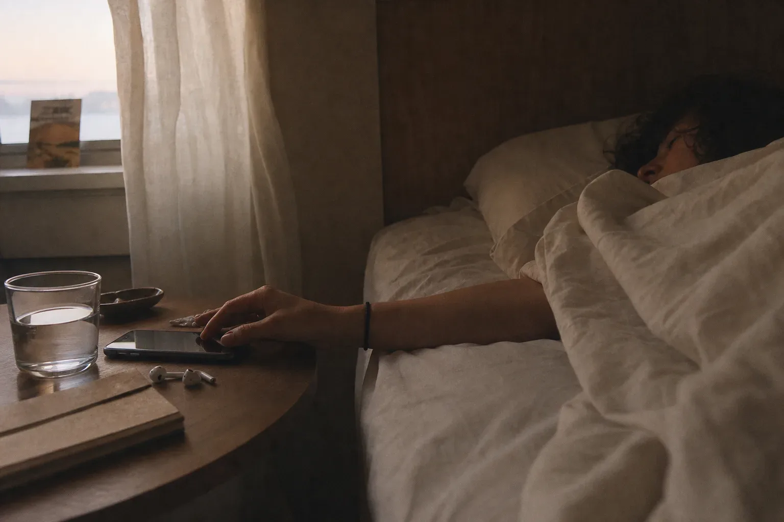 Person listening to morning audio under soft sheets