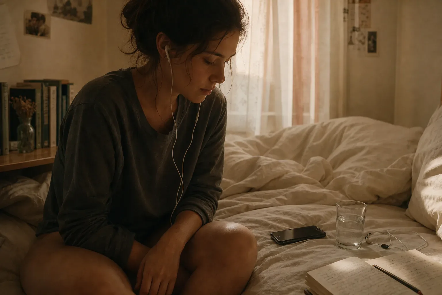 Woman listening quietly to morning future-self audio