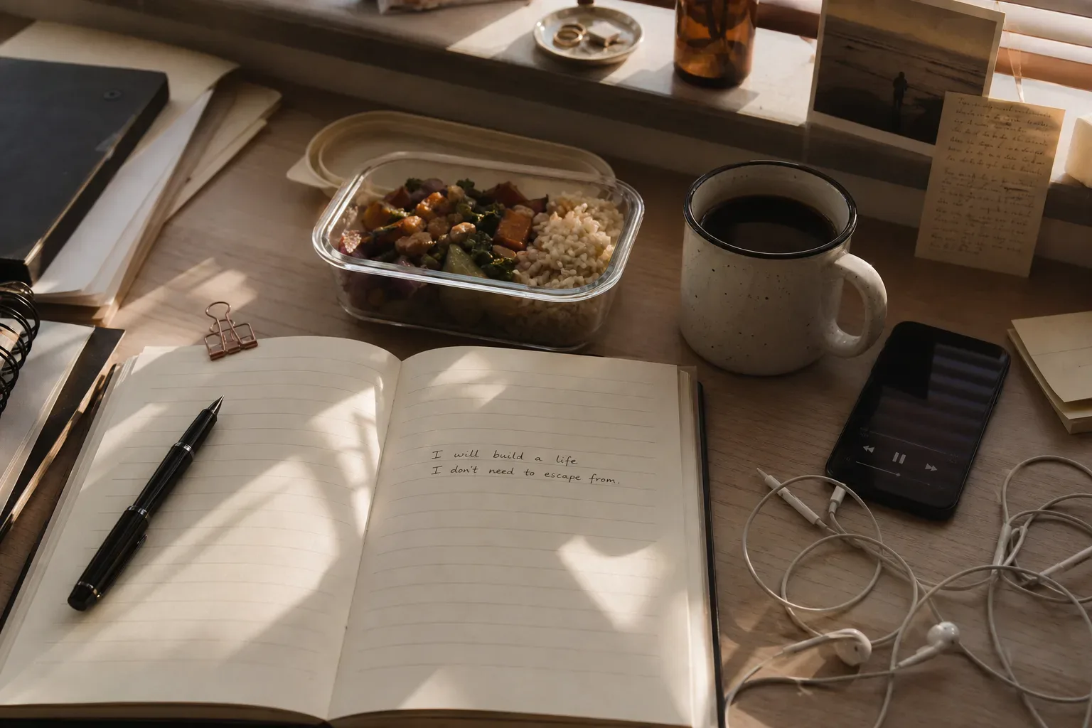 Desk lunch with headphones and afternoon light
