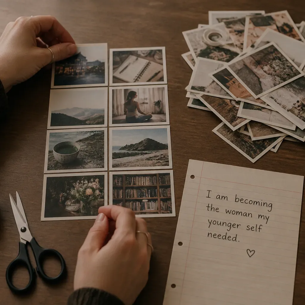 Hands choosing simple images for a vision board