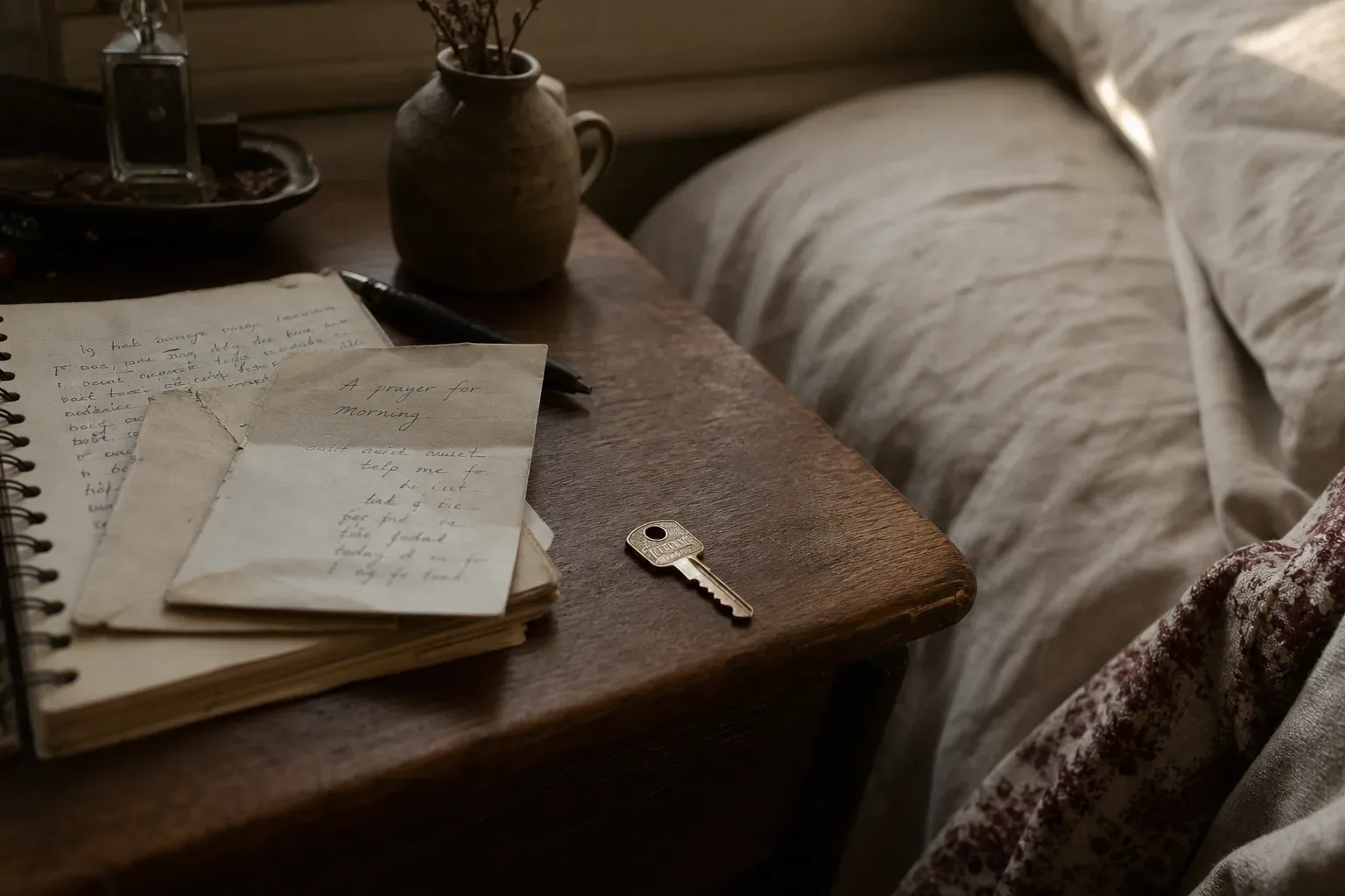 Quiet bedroom with keys and morning light