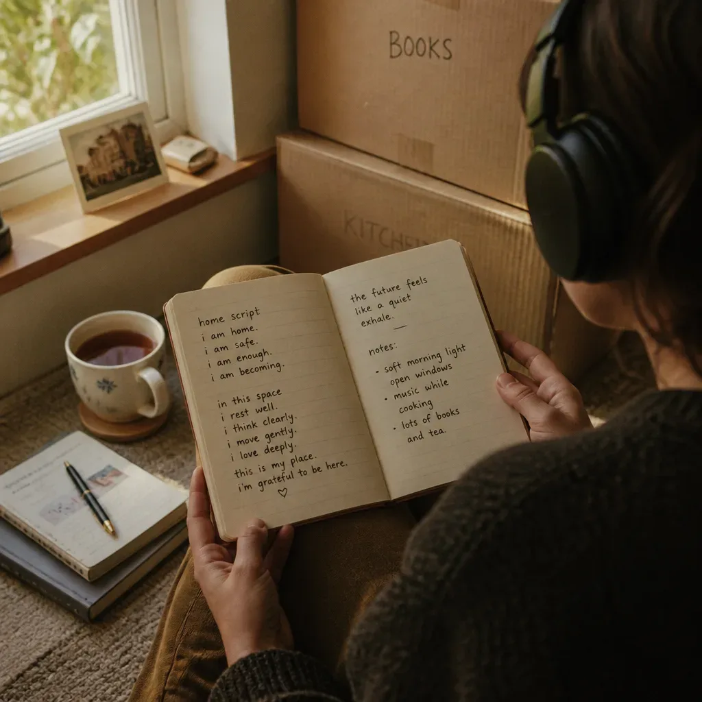 Person listening beside boxes with handwritten home script
