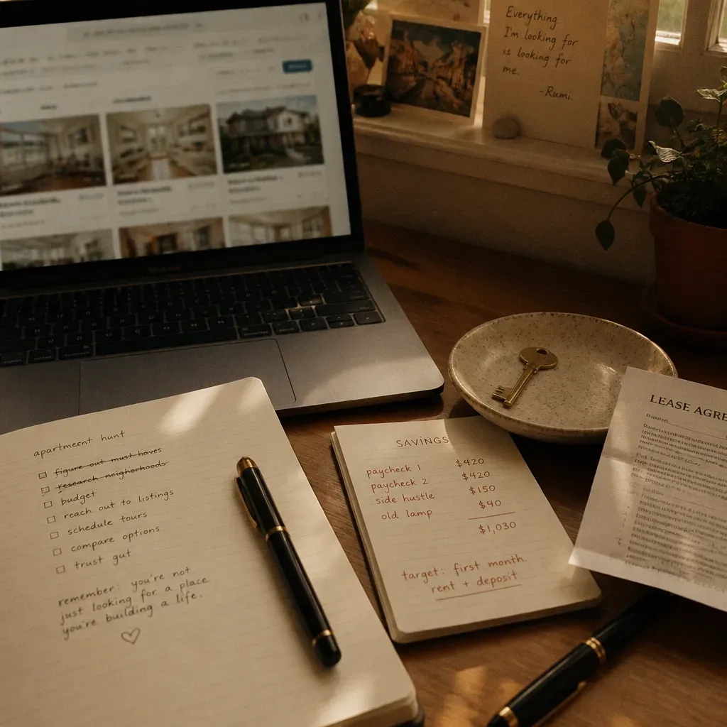 Desk with home listings notebook and key