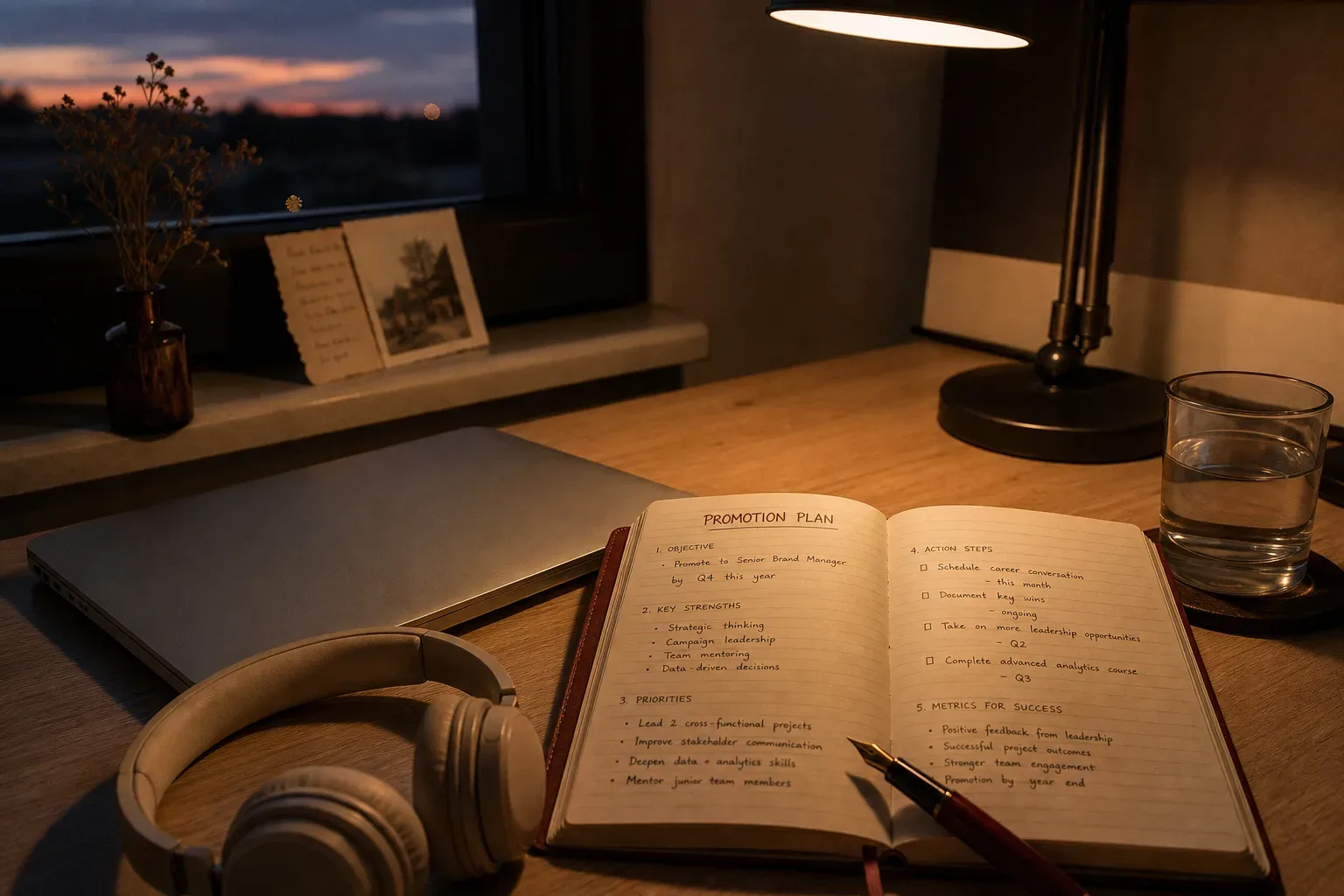 Desk at dusk with headphones beside an open notebook