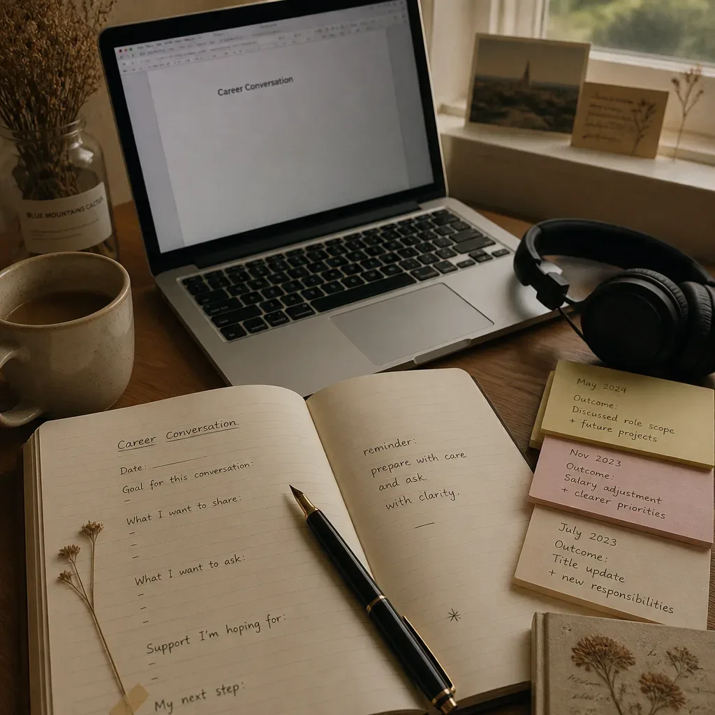 Career conversation notes beside headphones and laptop