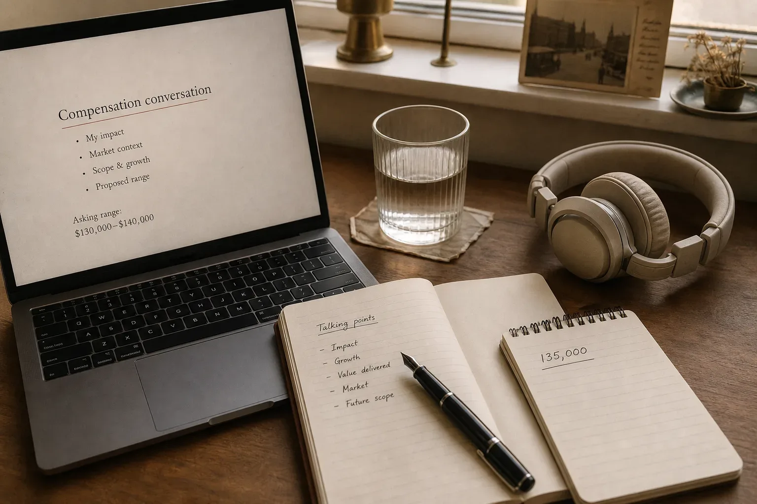 Desk with headphones and salary notes at dawn