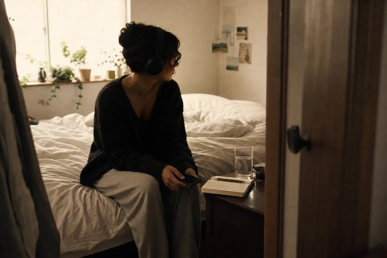 Person listening quietly beside an unmade morning bed
