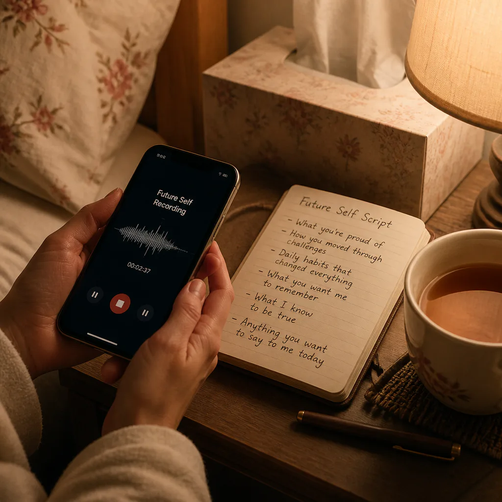 Hands preparing a future-self audio script