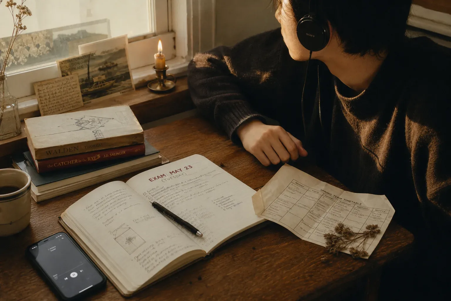 Student listening to audio beside open exam notes