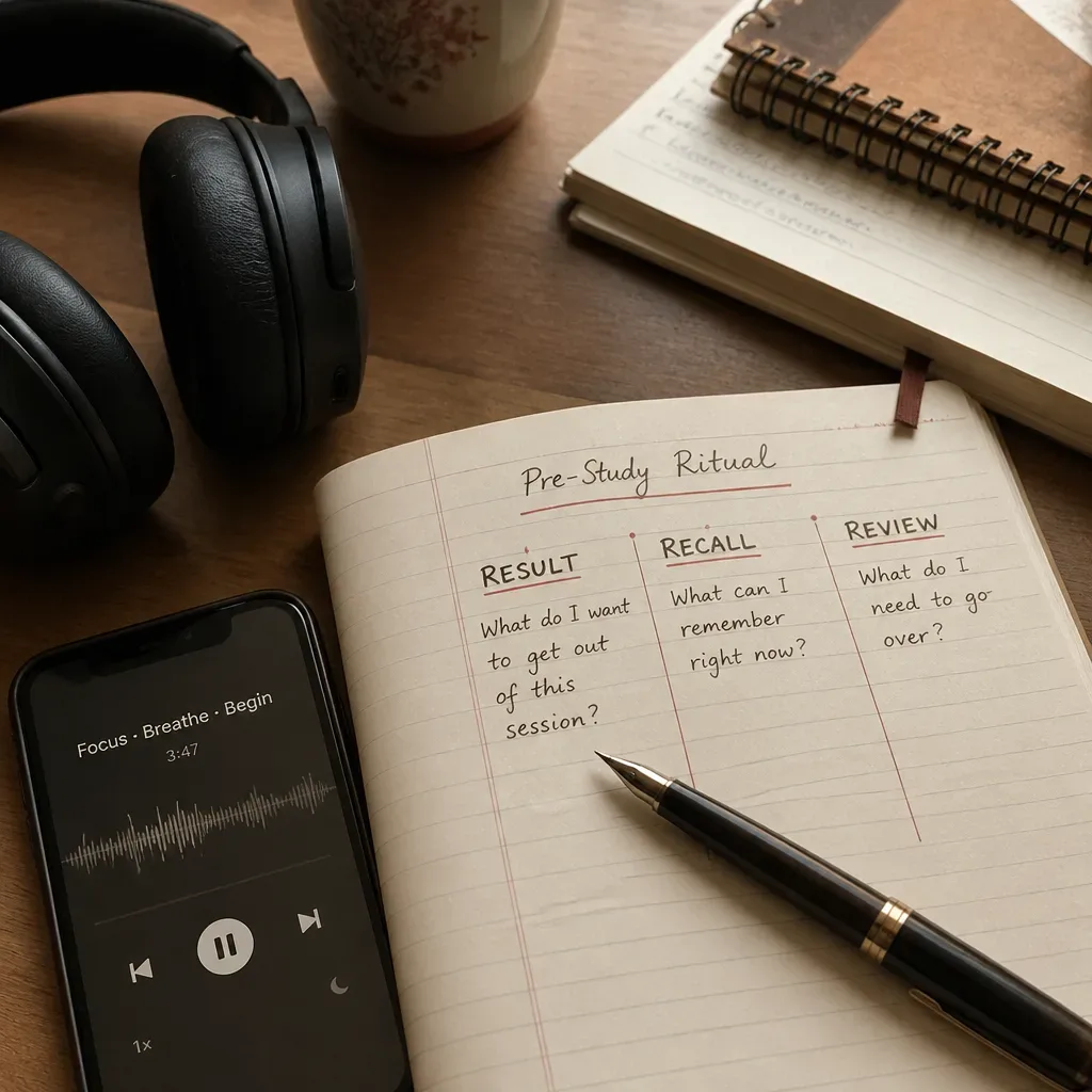 Headphones and notebook set for pre-study ritual