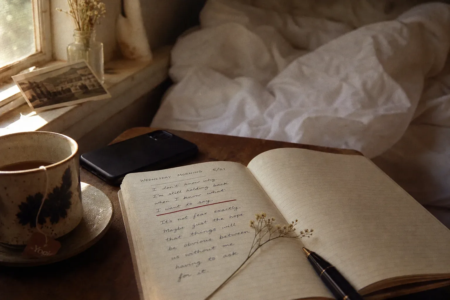 Phone beside tea on a quiet bedroom table