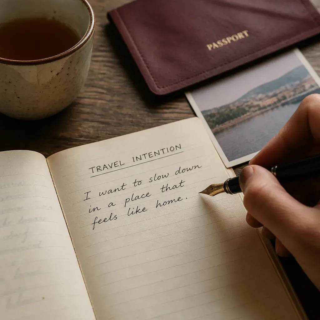 Mano escribiendo una intención de viaje tranquila