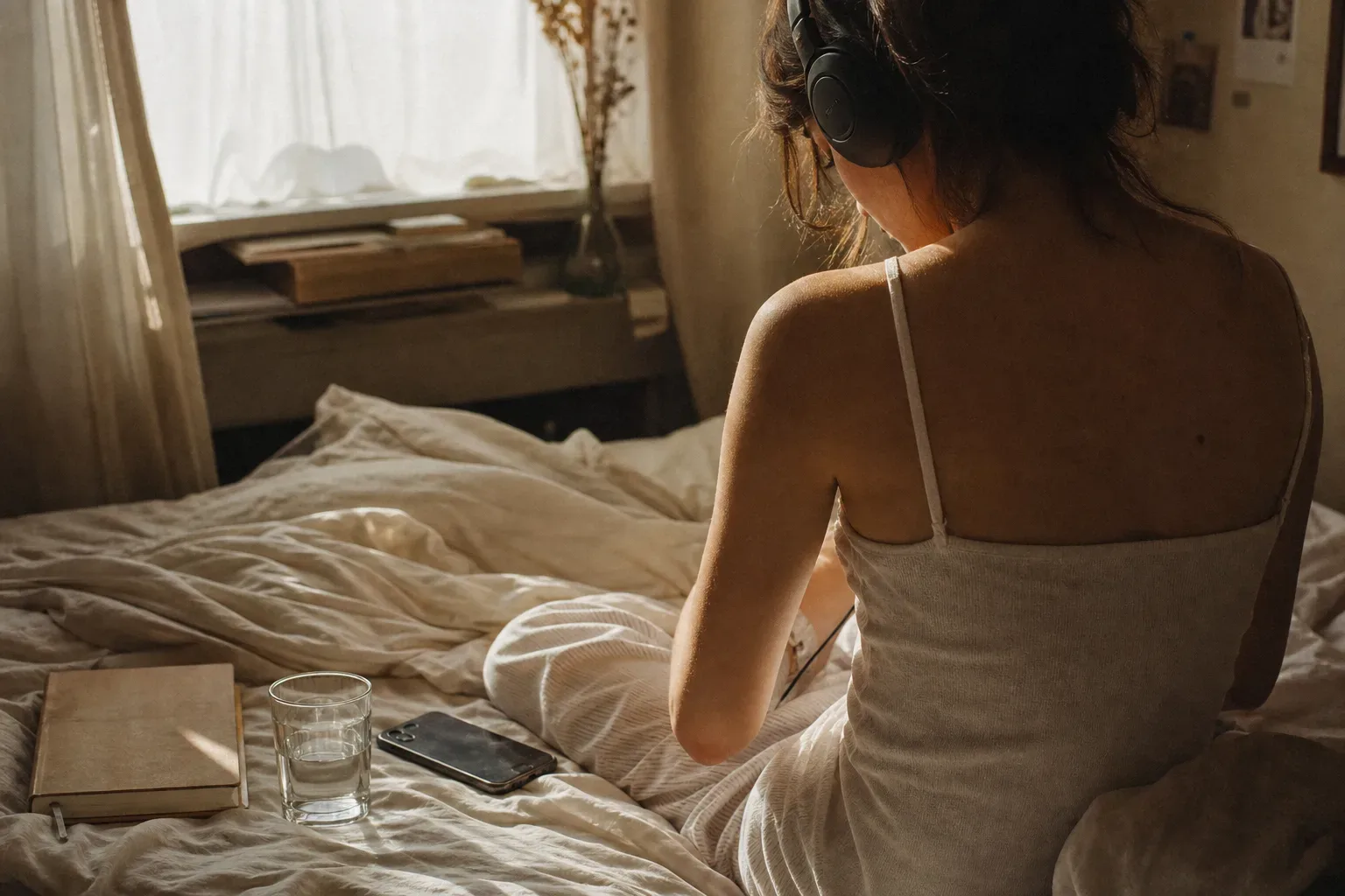 Person resting with headphones in soft morning light